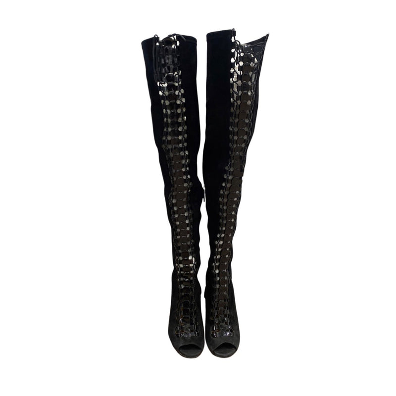 second-hand AQUAZZURA black suede open toe over the knee boots | Size 38