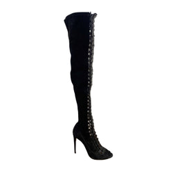 pre-owned AQUAZZURA black suede open toe over the knee boots | Size 38