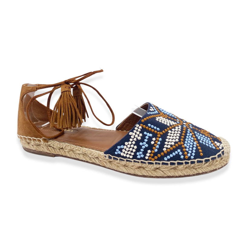 pre-owned AQUAZZURA camel and navy suede espadrille sandals | Size 37.5