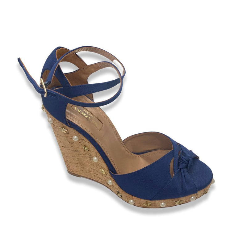 pre-owned AQUAZZURA navy and beige pearl-studded wedges | Size 40