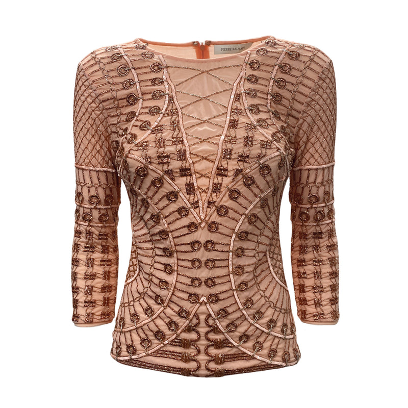 pre-loved PIERRE BALMAIN peach embellished blouse