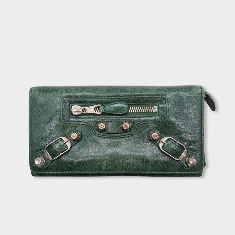 pre-owned BALENCIAGA green leather continental wallet