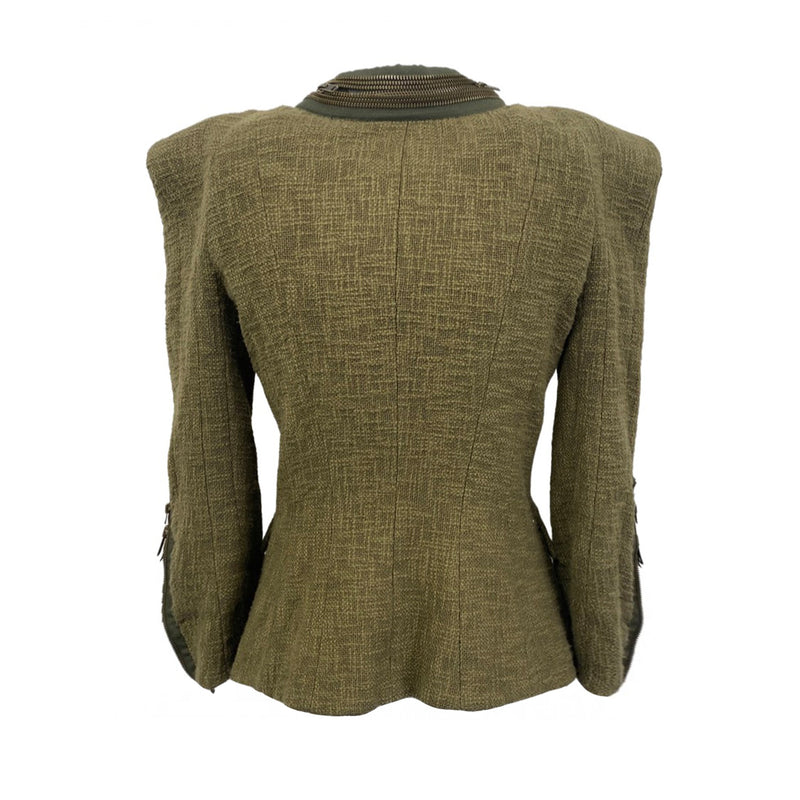 pre-loved BALMAIN khaki zipped padded shoulder cotton jacket | Size FR40