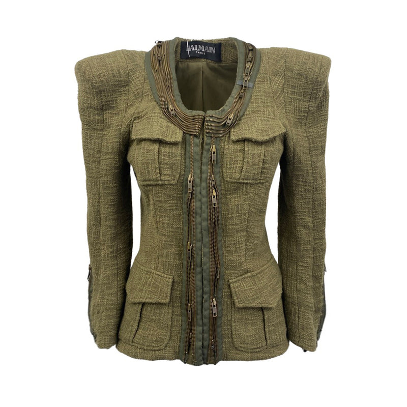pre-owned BALMAIN khaki zipped padded shoulder cotton jacket | Size FR40