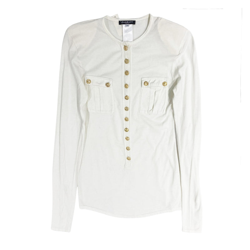 pre-owned BALMAIN cotton long-sleeve with gold buttons | Size FR34