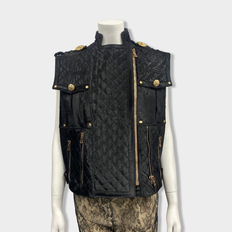 pre-owned BALMAIN black pony and leather west with gold hardware