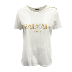 pre-owned BALMAIN ecru T-shirt with gold buttons | Size FR36
