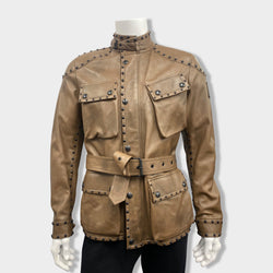 pre-owned BELSTAFF brown leather belted safari jacket | Size EU48