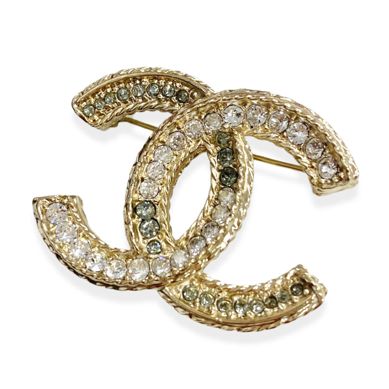 second-hand CHANEL CC gold brooch with rhinestones