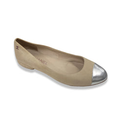 pre-owned CHANEL beige and silver suede ballet flats | Size 39