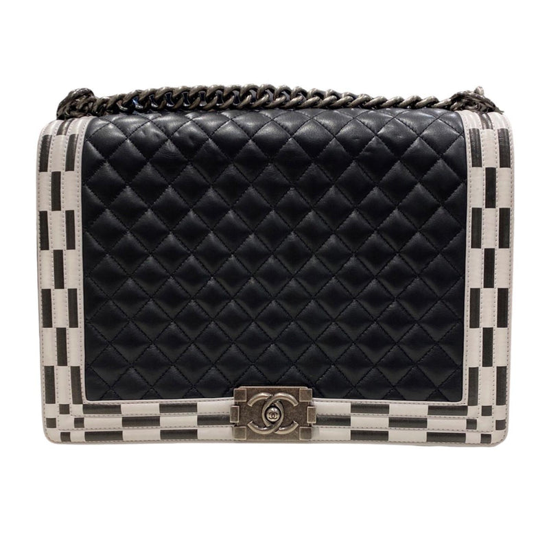 pre-owned CHANEL Boy black and white checkerboard large leather bag