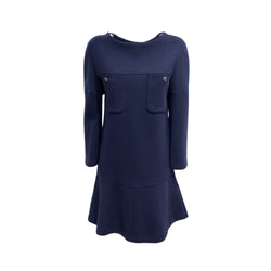 second-hand CHANEL navy woolen dress with CC logo buttons | Size FR38