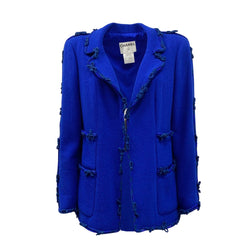 pre-owned CHANEL electric blue woolen jacket with bows | Size FR42