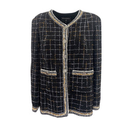 pre-owned CHANEL black and gold tweed jacket | Size FR42