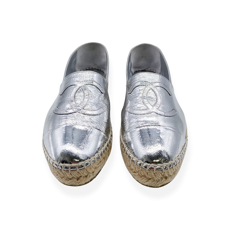 second-hand CHANEL silver leather espadrilles