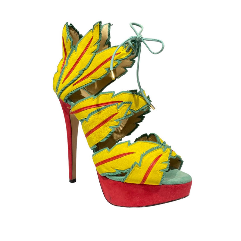 pre-loved CHARLOTTE OLYMPIA multicolour tropical style suede platform heels | Size 38