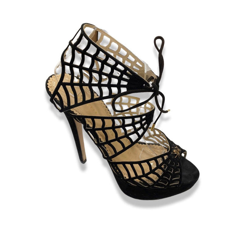pre-owned CHARLOTTE OLYMPIA black net suede platform sandal heels | Size 39