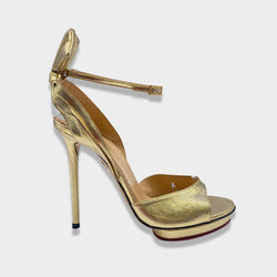 pre-owned CHARLOTTE OLYMPIA gold glitter fabric sandal heels | Size 40