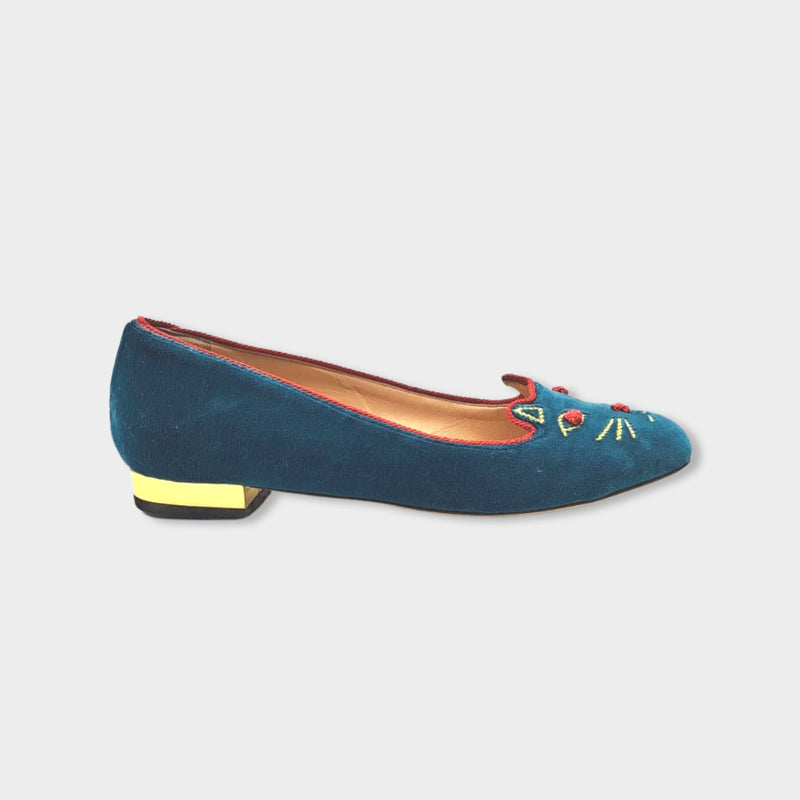 pre-owned CHARLOTTE OLYMPIA velvet green flats with embroidery