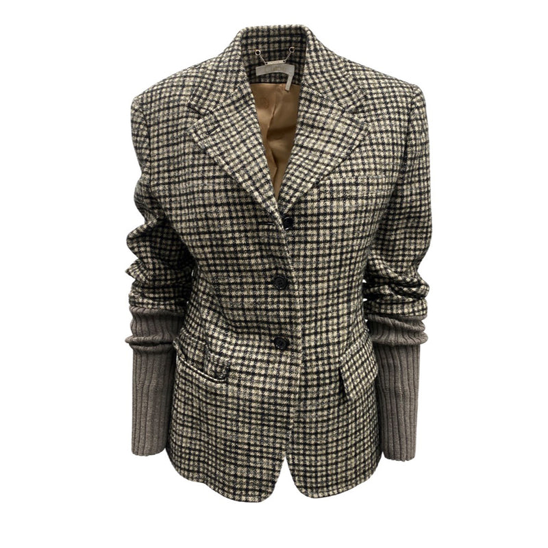 pre-owned CHLOÉ brown and grey checked woolen jacket | Size FR36