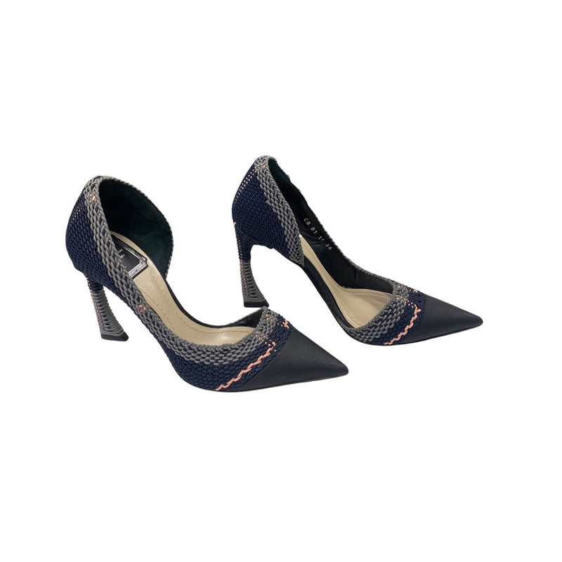 pre-loved CHRISTIAN DIOR navy and pink weave pumps | Size 36