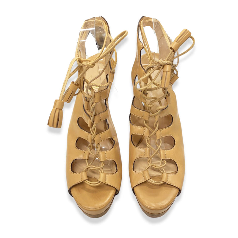 pre-loved CHRISTIAN LOUBOUTIN beige leather lace-up sandal heels | Size 39.5