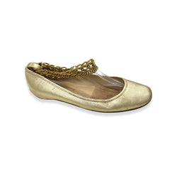 pre-owned CHRISTIAN LOUBOUTIN gold leather ankle chain ballet flats | Size 40