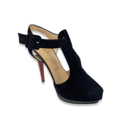 pre-owned CHRISTIAN LOUBOUTIN black suede open toe sling-back sandal heels | Size 39