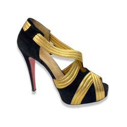 pre-owned CHRISTIAN LOUBOUTIN gold and black suede platform heels 