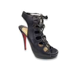pre-owned CHRISTIAN LOUBOUTIN black open toe leather sandal heels | Size 40