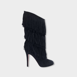 pre-owned CHRISTIAN LOUBOUTIN black suede boots with fringes
