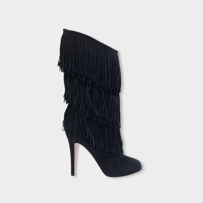 pre-owned CHRISTIAN LOUBOUTIN black suede boots with fringes