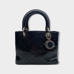 pre-owned CHRISTIAN DIOR black Lady Dior lazer cut handbag with silver hardware