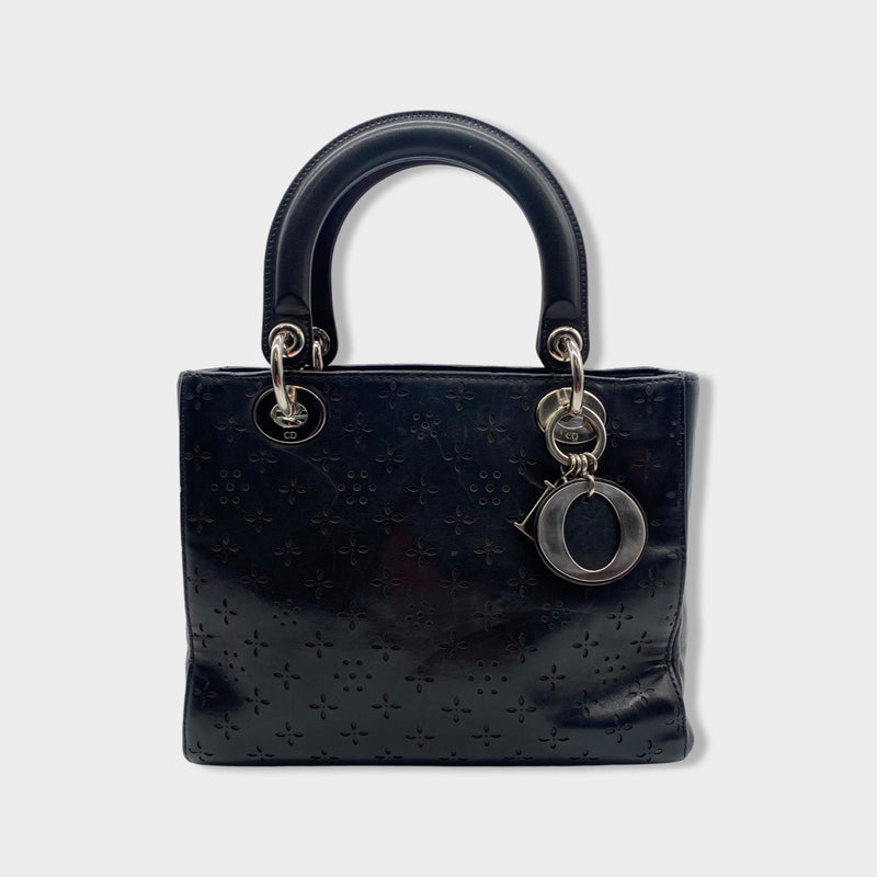 pre-owned CHRISTIAN DIOR black Lady Dior lazer cut handbag with silver hardware