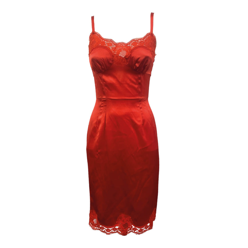 second-hand DOLCE&GABBANA red lace viscose dress comes with silk slip dress 