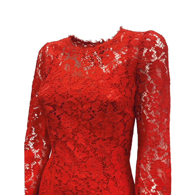 pre-owned DOLCE&GABBANA red lace viscose dress comes with silk slip dress 