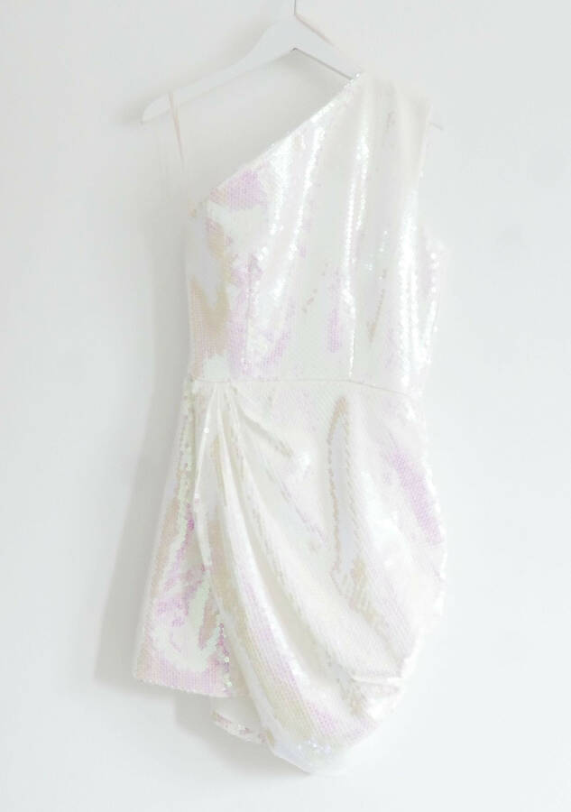 Alex Perry white iridescent sequinned one shoulder kea mini dress