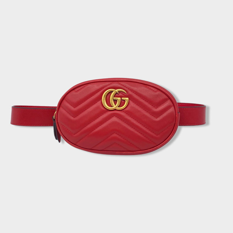 pre-owned GUCCI red leather belted camera bag
