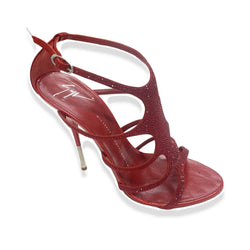 pre-owned GIUSEPPE ZANOTTI red leather sandal heels with rhinestones