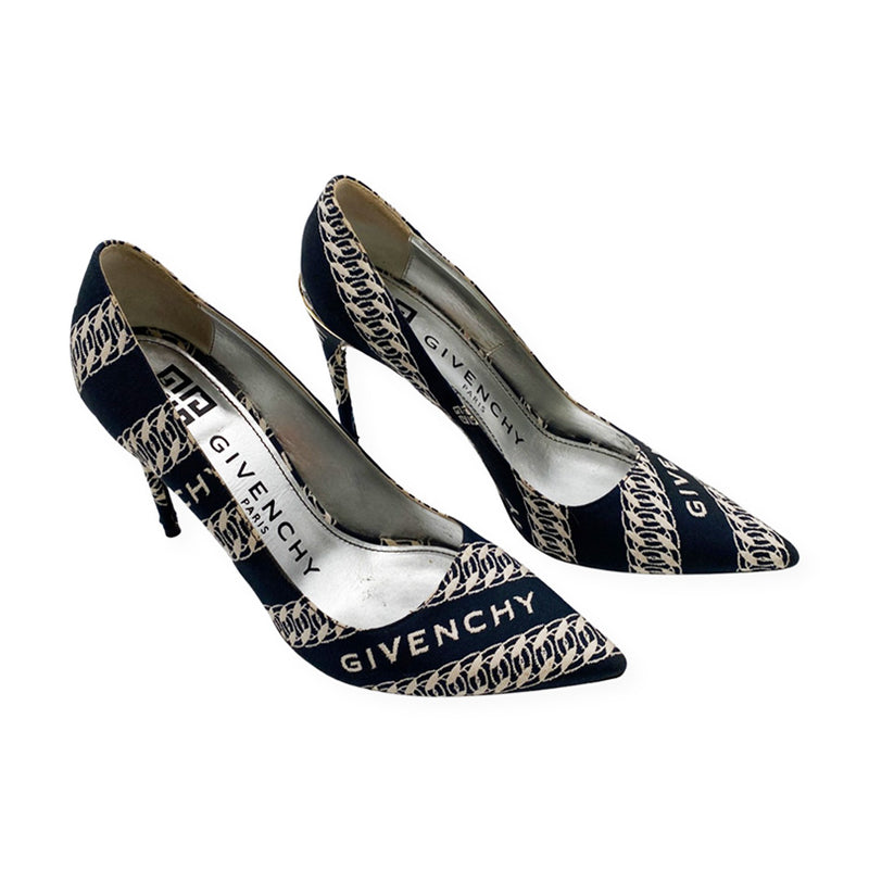 pre-loved GIVENCHY navy print fabric heels