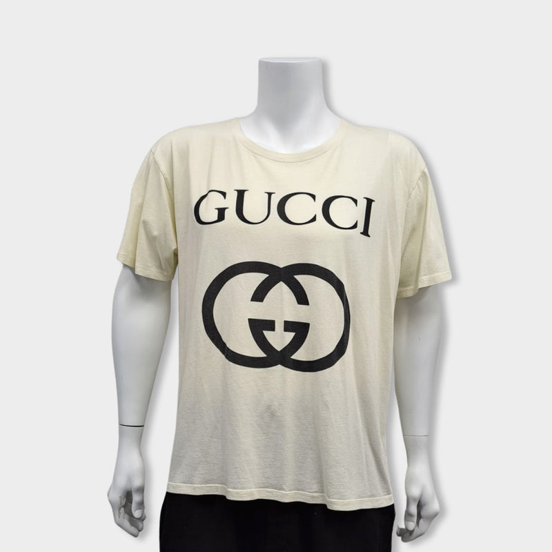 pre-owned GUCCI ecru cotton T-shirt with logo print