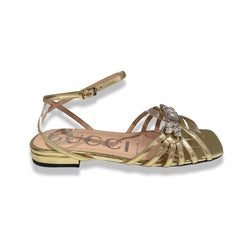 pre-owned GUCCI gold leather sandals with crystals | Size 35.5