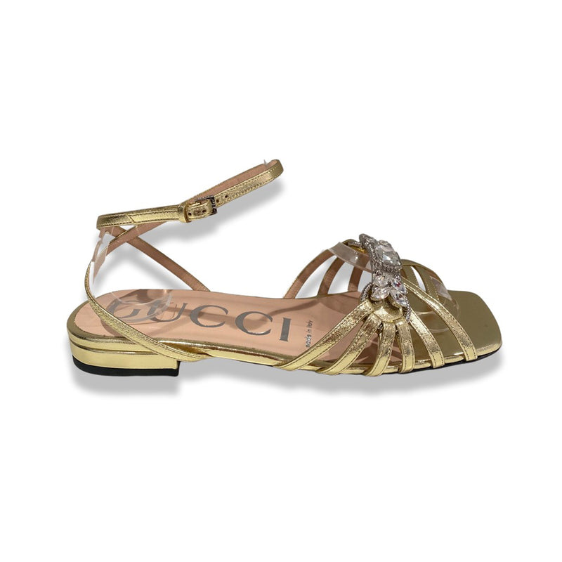 pre-owned GUCCI gold leather sandals with crystals | Size 35.5