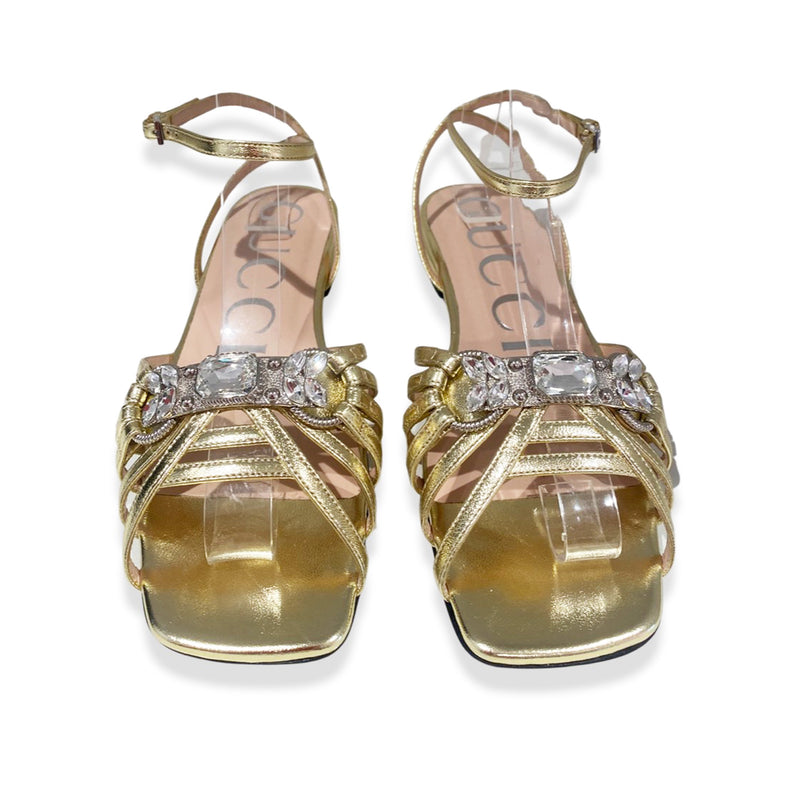 pre-owned GUCCI gold leather sandals with crystals | Size 35.5