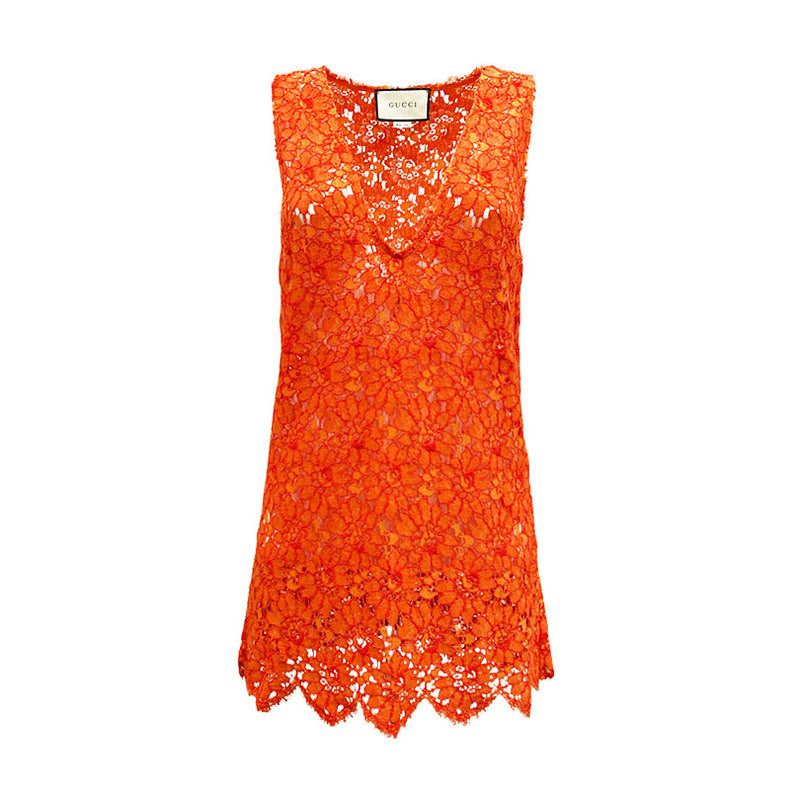 pre-owned GUCCI orange floral guipure lace top