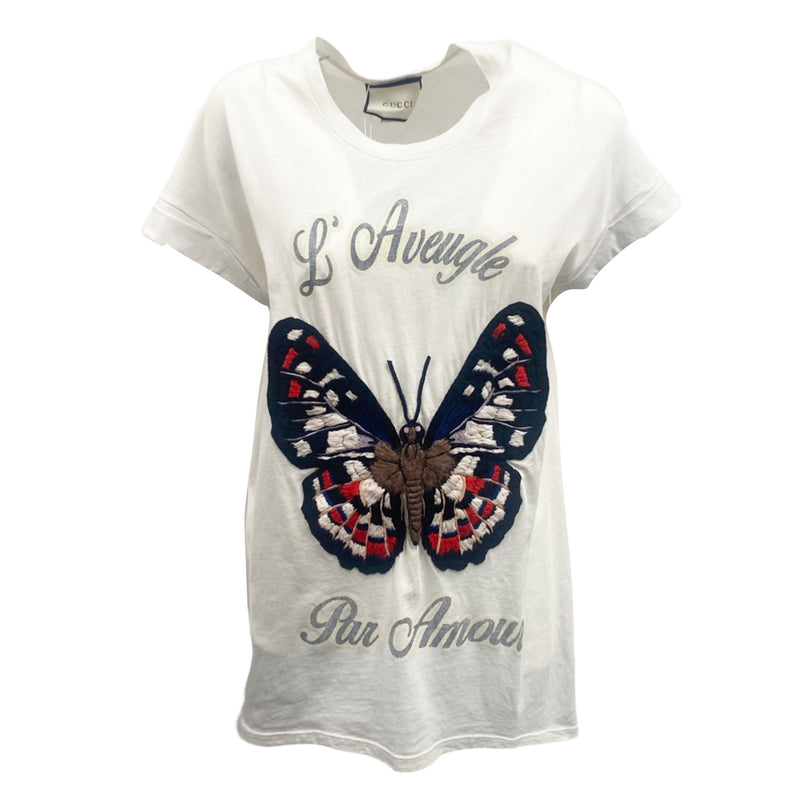pre-owned GUCCI white butterfly embroidered T-shirt | Size M