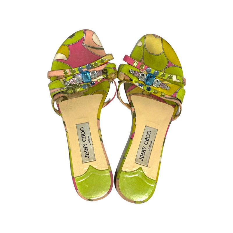 pre-loved Jimmy Choo floral print flip flops with crystals | Size 38