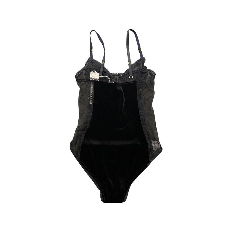 pre-loved STELLA MCCARTNEY black velvet and lace bodysuit | Size S