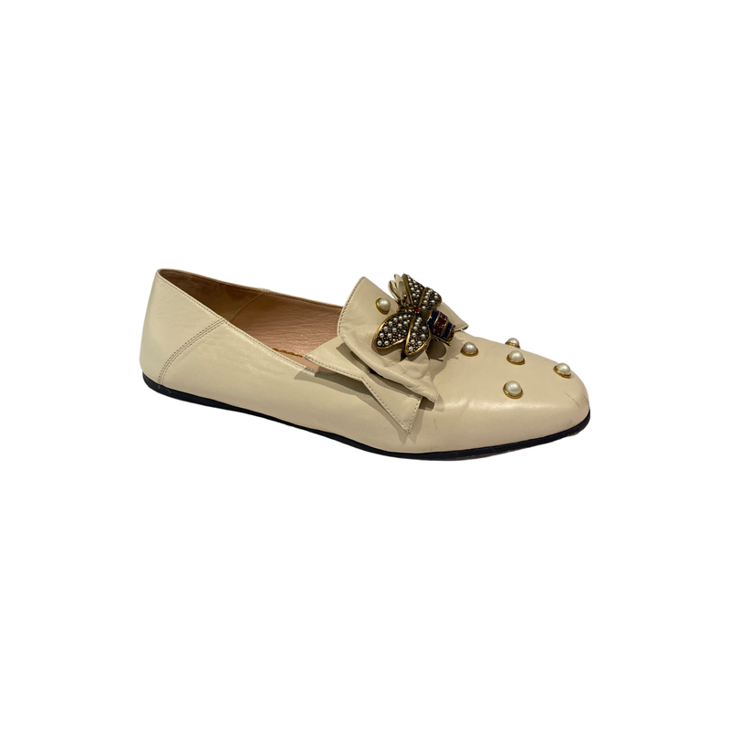 second-hand GUCCI white queen margaret Bow&Bee Leather Ballet Flats | Size 39.5