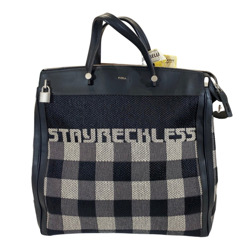 FURLA "Stay Reckless" black checked leather handbag